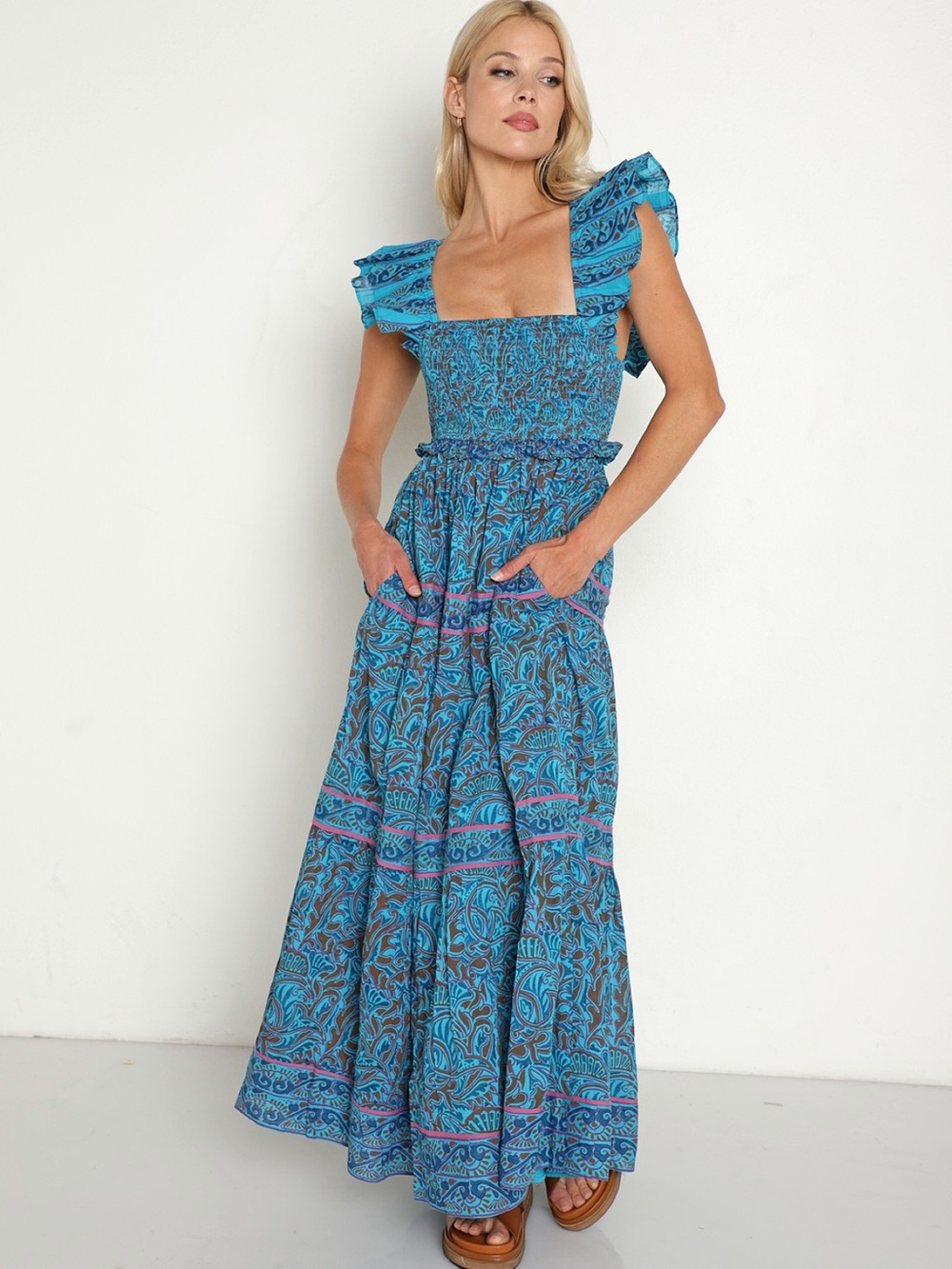 Cleobella Teal Blue Paisley Maxi Dress with Ruffled Straps